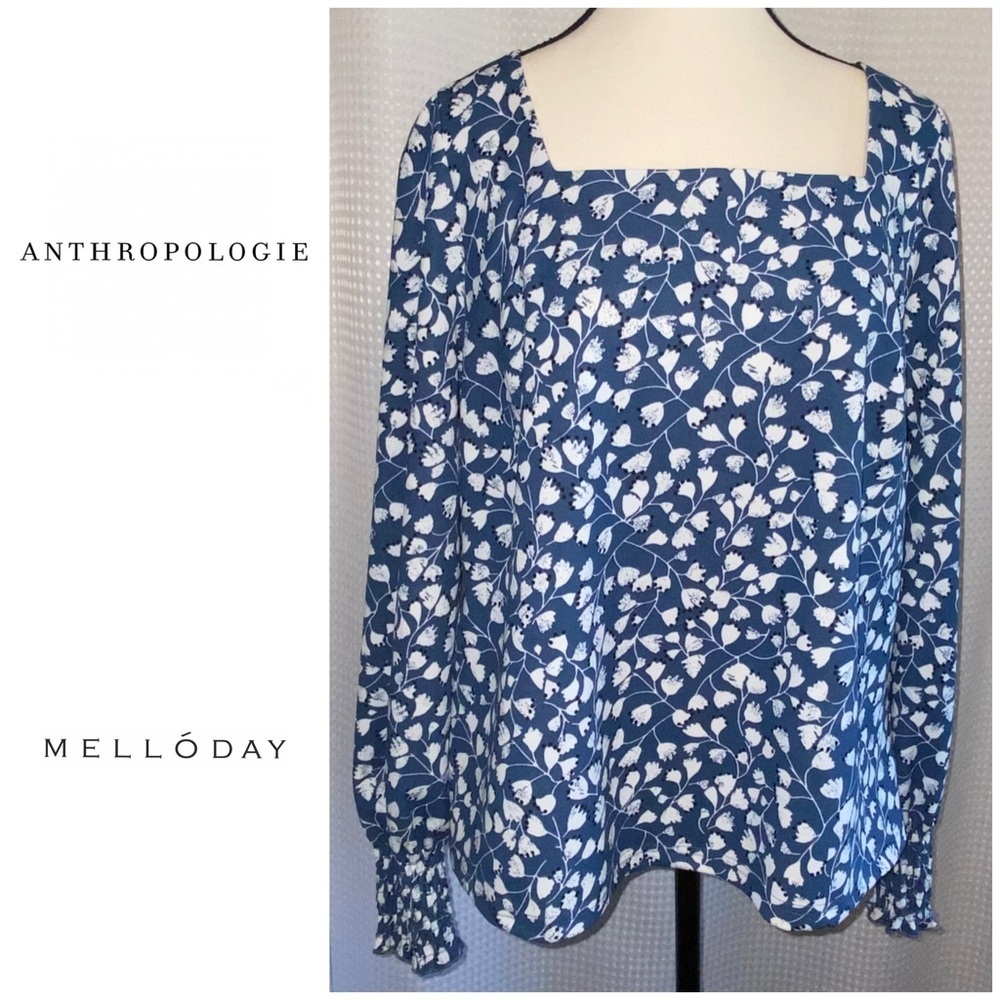 MELLÓDAY Anthropologie Floral Square Neck Long Sleeve Blouse Size Large